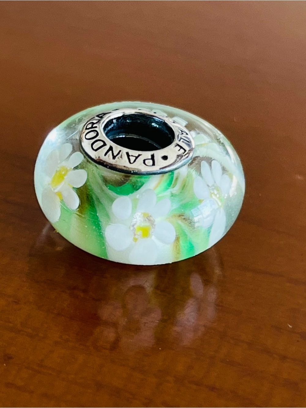 Pandora Green Glass Daisy Charm with White Flowers